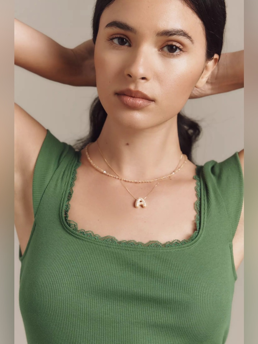 NWT Anthropologie Maeve Lace-Trim Cap-Sleeve Shirt Juniper Green Cotton Modal S - Picture 4 of 7
